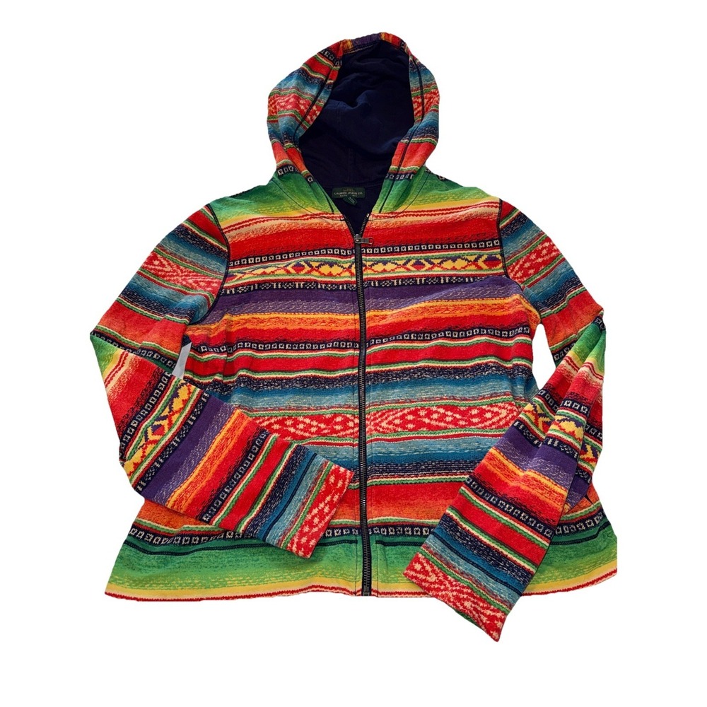 Ralph Lauren LRL Jeans Jacket Womens Petite Large Full Zip Hoodie Aztec Hippie